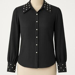 Pearl Embellished Black Textured Collar Button Shirt S Coquette Whimsigoth Twee